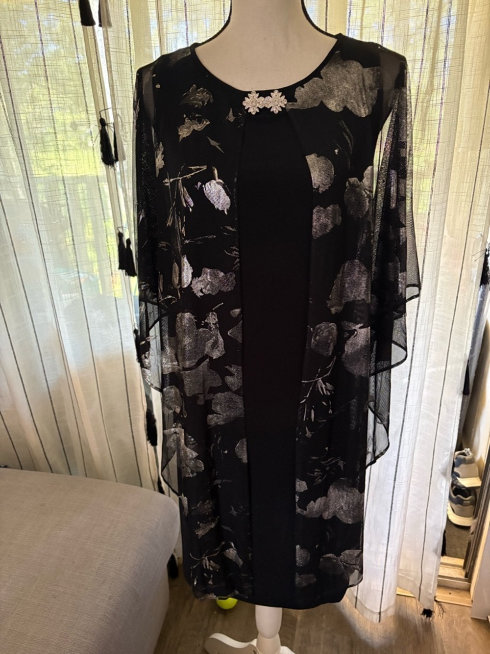 Glamour Black Dress with Silver Floral Overlay Midi